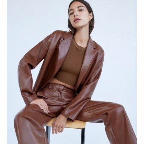 Aritzia BABATON Logan Brown Faux Leather Blazer Jacket L Brown Vegan Oversized‎